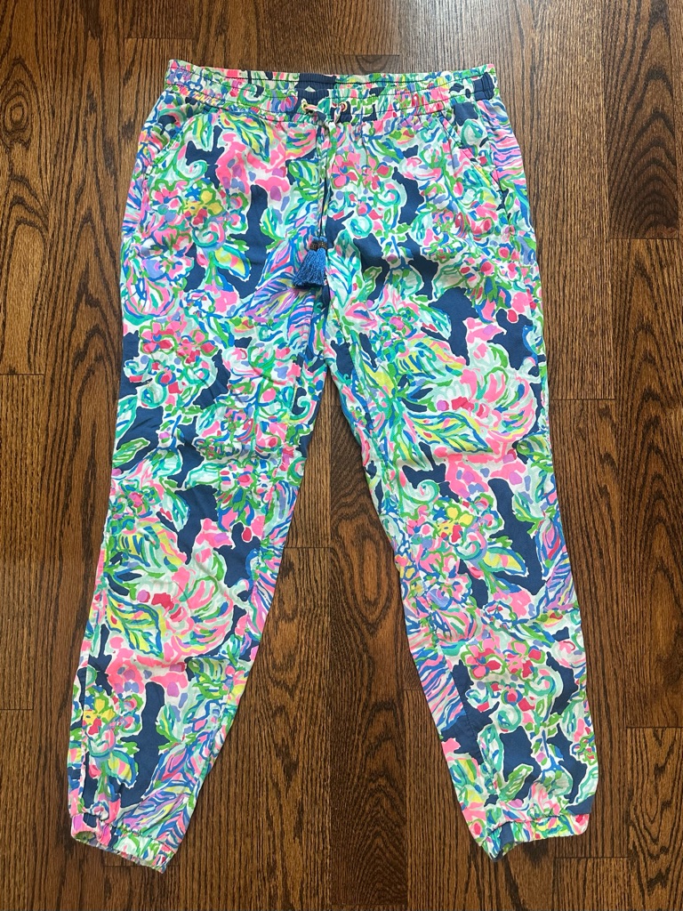 Lilly Pulitzer Navy Floral Print Jogger Pants - Multicolor W Tassel Drawstring